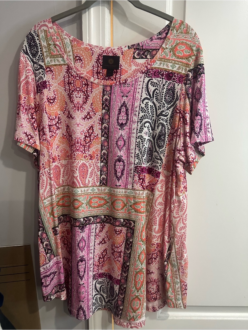 JM Collection Pink Multi Patchwork Paisley Short-Sleeve Top